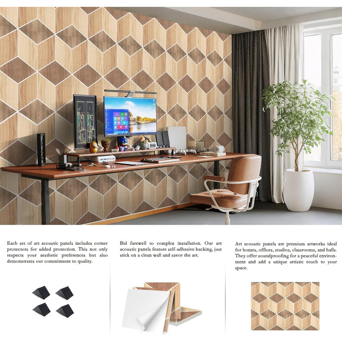 Акустичні панелі JBER (12 шт), самоклеючі звукопоглинаючі 3D-панелі для стін, декоративні гексагональні панелі для студії, офісу та дому, 30×30×1 см, колір: світлий горіх
