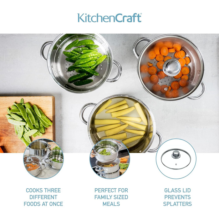 Набір каструль KitchenCraft 3 шт. з набором для приготування на пару, нержавіюча сталь, 16 см (6''), сріблястий, у подарунковій коробці