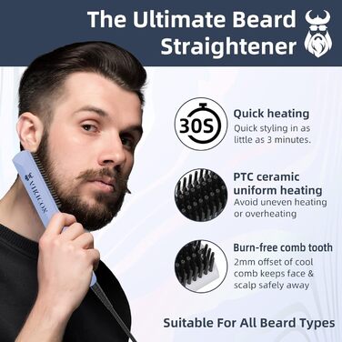 VIKICON Men's Beard Straightener - Mini Electric Beard Flat Iron, 30s Style Heated Brush Comb, Ionic Hair Straightener for Long & Short Beards (Blue)