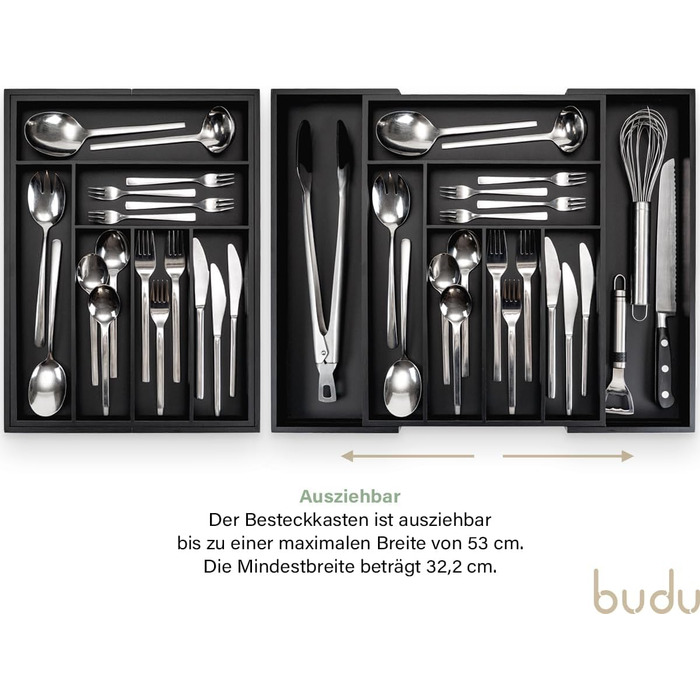 Органайзер для кухонних ящиків Besteckkasten #47 (глибина 47 см) з бамбука, чорний - висувний, система організації для столових приборів