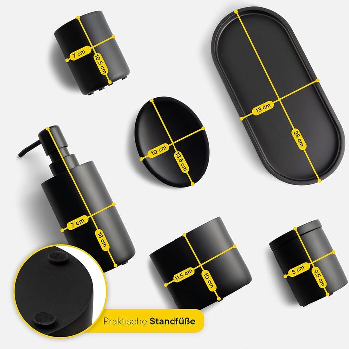 DELUXXOO® Набір аксесуарів для ванної кімнати 6 шт. чорний матовий: органайзер, диспенсер для мила, мильниця, стакан для зубної щітки, піднос, ящик для зберігання