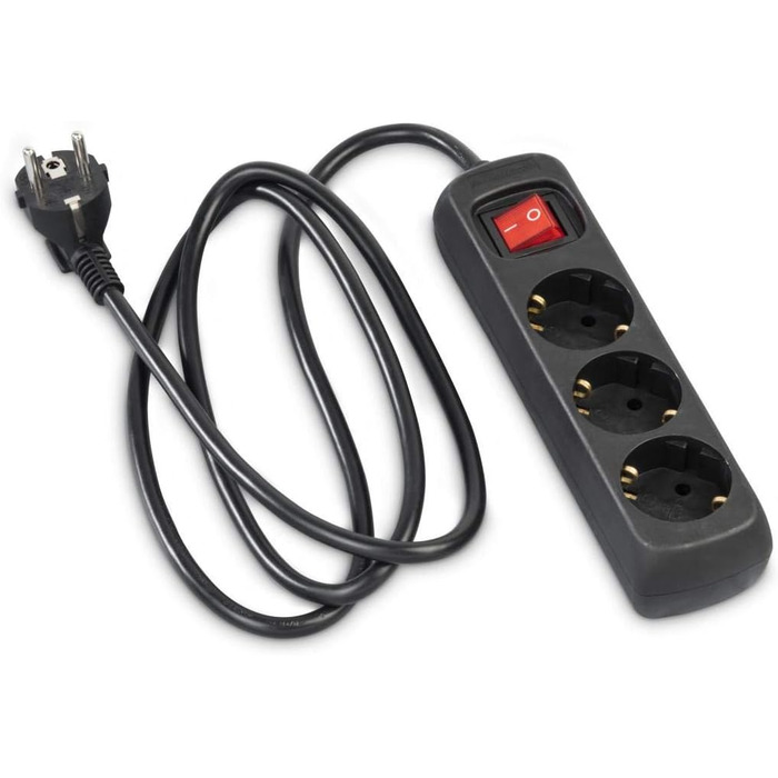 Многорозетка Hama з вимикачем для економії енергії, 3 розетки, чорний колір, кабель 1.4м, кут нахилу 45°, GS сертифікат, для дому та офісу