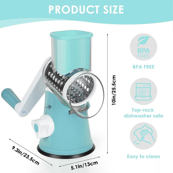 Ручна тертка для сиру та овочів Diealles Shine з ручкою, 3 змінні леза з нержавіючої сталі, для сиру, овочів, горіхів, кави (блакитна)