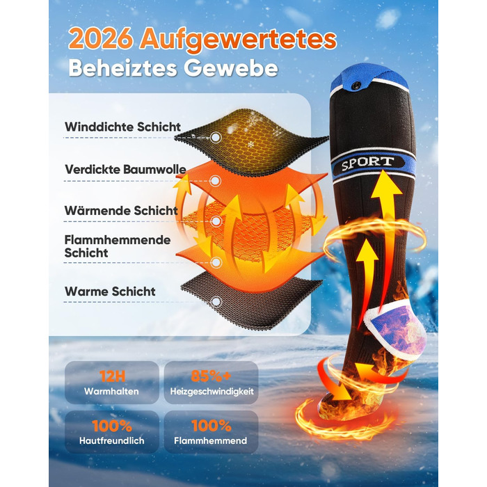 Гріючі шкарпетки 2026 Upgraded з акумулятором 5000mAh*2, 3 режими нагріву, 360° обігрів, для жінок та чоловіків, для катання на лижах, полювання, походів, миючіся, універсальний розмір, блакитні