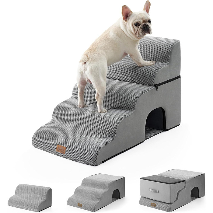 Dog stairs for small dogs, pet stairs for loft beds made of high-density sponge, dog stairs/ramp with washable cover (gray, 83x50x57cm-hole, 5.0)