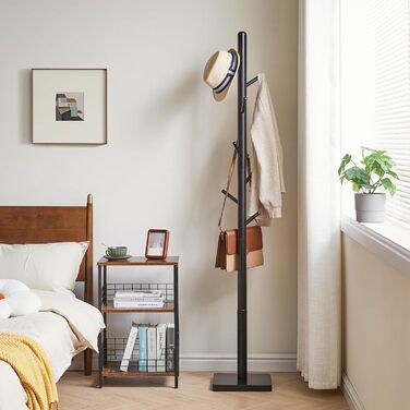 YMYNY Solid Wood Wardrobe Rack, Freestanding Clothes Rack with 8 Hooks, Thickened and 3 Adjustable Heights, for Bag, Clothing, Living Room, Natural Wood Color HCR002N (Black, Square Base)