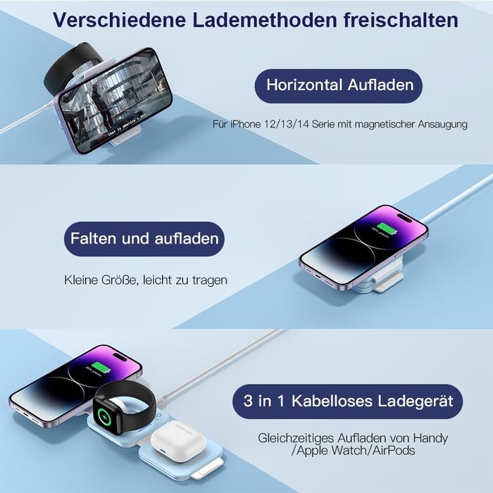 3-в-1 Бездротова зарядка для Apple Watch, iPhone та AirPods (блакитна)