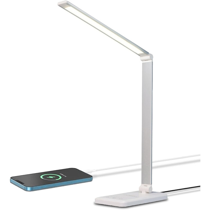 LED лампа для столу LQWELL® з регулюванням яскравості, метал, 5 кольорів, 10 рівнів, USB-зарядка, сенсорне керування, пам'ять, для дітей, офісу, білого кольору (QM019)