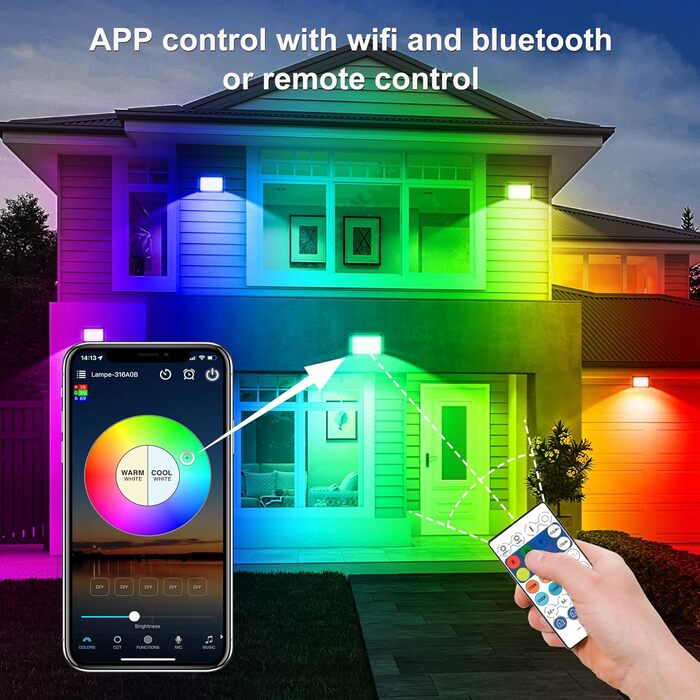 LED Floodlights Outdoor, 100W Smart RGB Floodlights with Remote Control and Bluetooth App, LED Floodlight Spotlights Color Changing Projector, IP66 Waterproof Floodlight for Gardens, Patios (2 Pack)