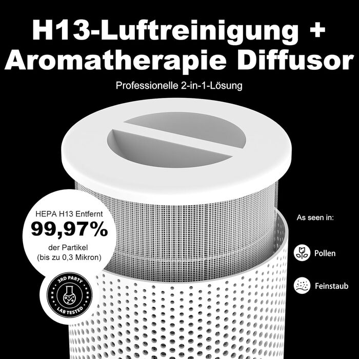 Розумний очищувач повітря WiFi з керуванням через додаток та голосовими помічниками Alexa/Google - 360° повітряний потік, фільтр HEPA H13 (99,97%), нічний режим 20 dB, CADR 90 м³/год, кольорове підсвічування для спальні (KJ1-6)