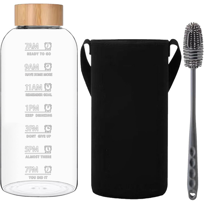RNCKUUE 2 Liter Glass Bottle, 2l Glass Drinking Bottle, Glass Water Bottle with Filter, Neoprene Sleeve, Bottle Brush (1500 ml, Bamboo Lid)
