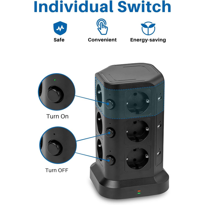 KOOSLA Тур Steckdosenturm 12 Fach з USB (6x) та захистом від перенапруги (4000W/16A) для офісу, кухні, столу, 5м, чорний