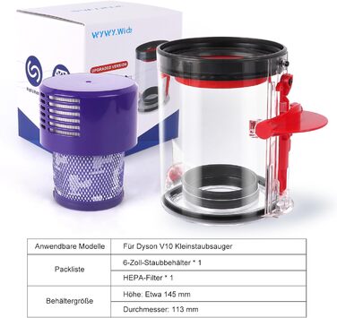 Dyson V10 Dustbin Compatible with Fluffy V10 - Replacement Part 969509-02 with HEPA Filter