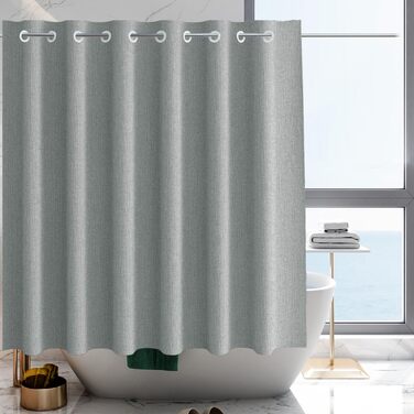 Штора для душу YISURE без гачків, льон, 120x200 см, сіра. Водовідштовхувальна тканина, машинне прання
