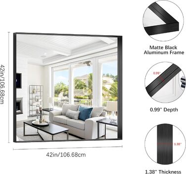 Дзеркало настінне прямокутне без рами 75x75 см, для ванної, спальні, вітальні, чорне