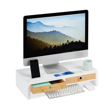 Relaxdays Monitor Stand White with Drawers
