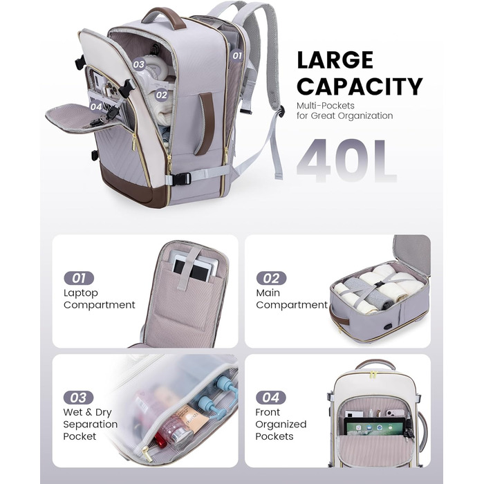 Рюкзак LOVEVOOK для жінок, 40L, ручна поклажа, для ноутбука, водонепроникний, рюкзак для подорожей, дамська сумка-мішок, 17.3 дюйми, сірий, білий, кавовий
