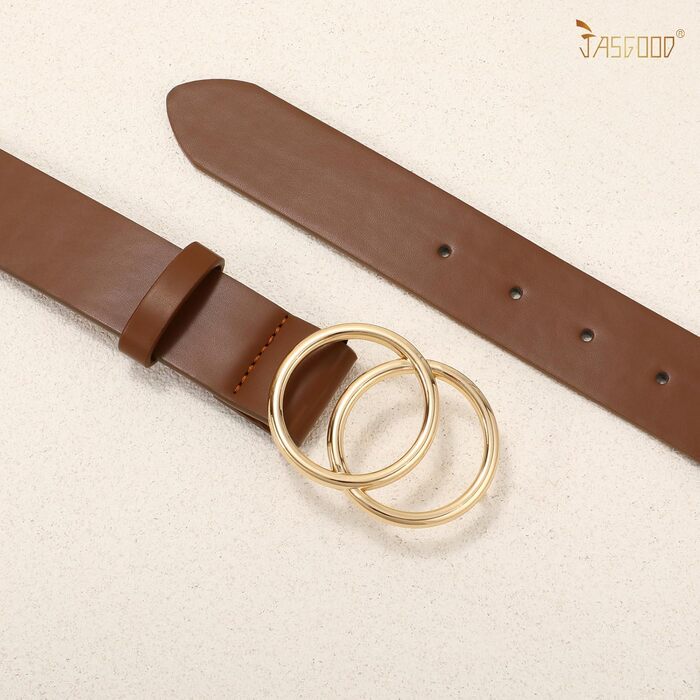 Жіночий шкіряний ремінь JasGood з подвійною кільцевою пряжкою для джинсів, штанів, суконь (колір: 5-кава, розмір M: 120 см, обхват талії 86-95 см)