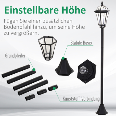 Outsunny 2-St Solar Street Light LED, IP44, ABS, Ø18.5 x H129 cm, Energy Saving Mode, Waterproof, Garden Light with Stainless Steel, Black | Aosom