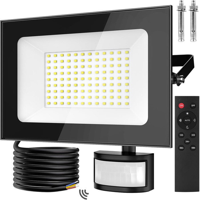 Papasbox 2 Pack LED Floodlights with Motion Sensor and Light Sensor | Outdoor Floodlights Spotlight with Remote Control | 6500K Cool White IP66 Waterproof Floodlight for Garden, Garage, Sports Field (100W, 1 Piece)
