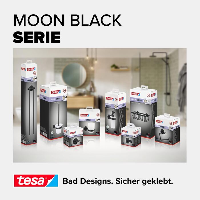 Полиця для душу tesa MOON BLACK, настінна, без свердління, чорна матова, глибока, для ванної в індустріальному стилі, з клейким кріпленням, 250x92x125 мм