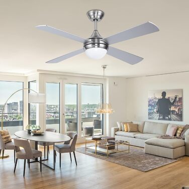 Стеляний вентилятор Ovlaim 122 см з LED-підсвічуванням та дистанційним керуванням, коричнева лампа, 6 швидкостей, DC мотор, тихий, для спальні/тераси (сріблястий)