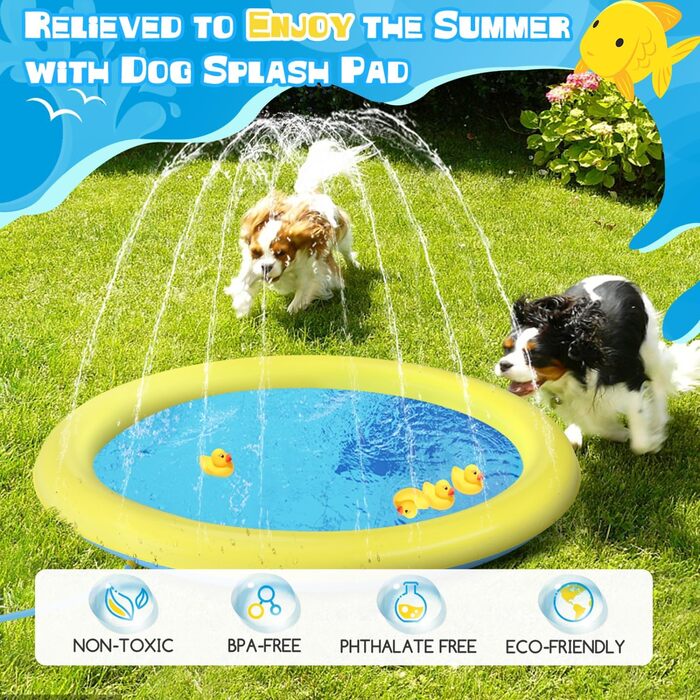 Nobleza Hundepool, D170 cm/67 in Splash Pool for Large & Small Dogs, 0.55mm Thickened Anti-Slip Sprinkler Mat Foldable Splash Pad for Summer, Garden, Outdoors (D1.4m, Yellow & Blue)