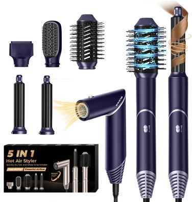 UKLISS 5-в-1 Фен-Стайлер для Волося з Набором Локонів, Гаряча Повітряна Щітка, Мультистайлер, Чорний (5-в-1: Синій/Срібний)