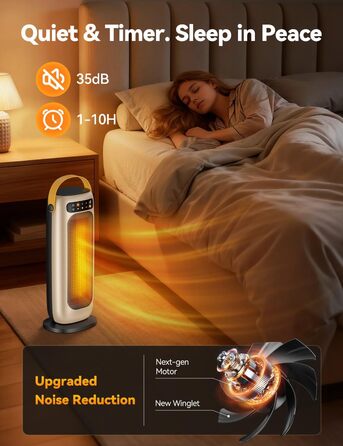 Електричний обігрівач PTC керамічний 1500W з пультом керування, 4 режими, осциляція 110°, таймер 1-10 год, захист від перегріву та перекидання. Компактний обігрівач для дому, золото.