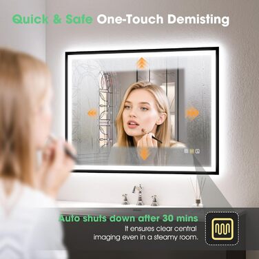 Дзеркало для ванної кімнати S'bagno з підсвічуванням 100x70 см, 5x збільшення, LED, рамка з алюмінію, протитуманне покриття, 3 кольори, диммування, функція пам'яті, HD скло, IP44, Bluetooth (чорна рамка)