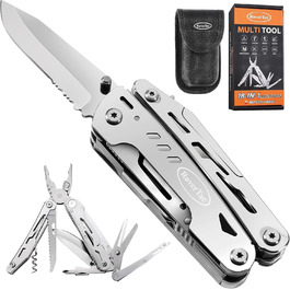 RoverTac Multitool Pocket Knife Tool Gifts: 18-in-1 Multifunction Tool Camping Accessories, Multitools Folding Knife Pliers Scissors Saw Corkscrew Bottle Opener, 9-Pack with Nylon Sheath (Silver)