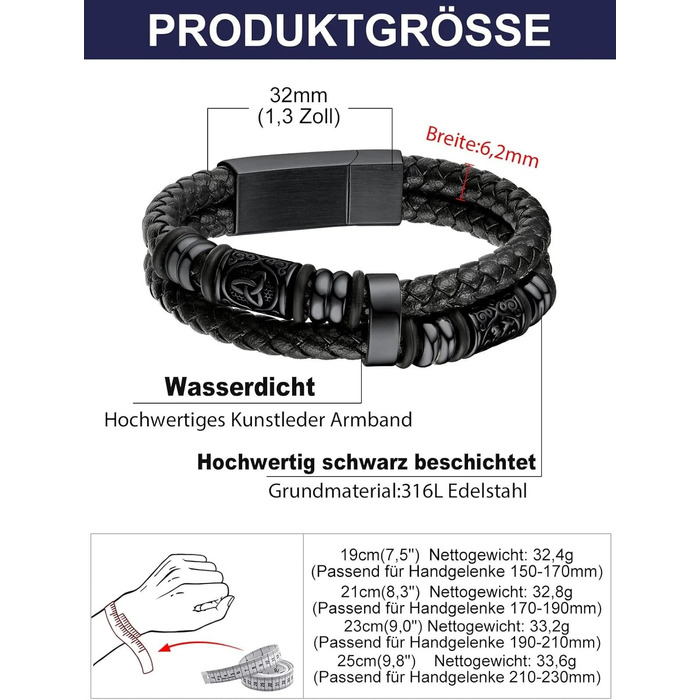 Чоловічий шкіряний браслет Bandmax з плетінням, з магнітною застібкою. Браслет на зап'ястя, чорний, 19/21/23 см