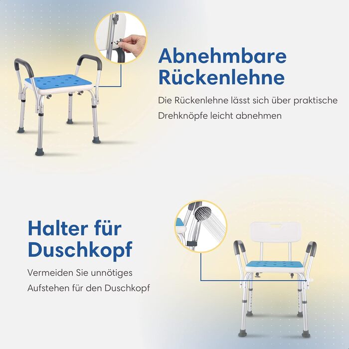 Safe Age® Shower Stool with Removable Backrest and Armrests - Non-Slip - Height Adjustable - Shower Stool for Seniors