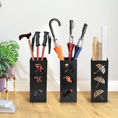 Metal Umbrella Stand - Square Design for Entryway - 16x16x42cm - Black