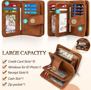 TEUEN Women's Wallet Large Capacity PU Leather Vintage Card Holder Purse Organizer Wallet Medium Size with RFID Blocking and Multiple Compartments