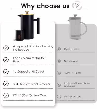 Enfmay French Press Coffee Maker 1L, Stainless Steel Coffee Maker, Portable Coffee Maker with Filter, Double-Walled Insulated French Press, for Travel, Camping, with 100ml Coffee Canister, Black 1000ML Black