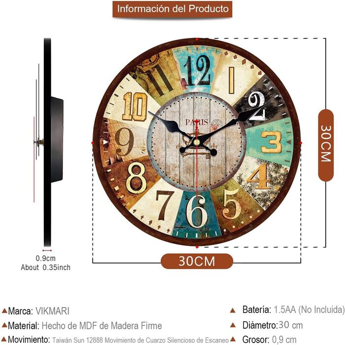 VIKMARI Quartz Wall Clock Wood Silent Hanging Clock, Battery-Powered Round Rustic Clock, Easy to Read Vintage Indoor Wall Clock || 14' (France Parisian Style, 30 cm)
