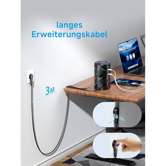 Багаторозеткова мережева стрічка з 5 USB, 12 розеток, захистом від перенапруги, 3м кабель, чорний колір