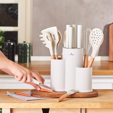 Набір ножів Karaca Gusto 12 шт. з дерев'яним обробним ящиком та кухонними аксесуарами. Ножі з нержавіючої сталі, ергономічні ручки, чорний (кремовий)