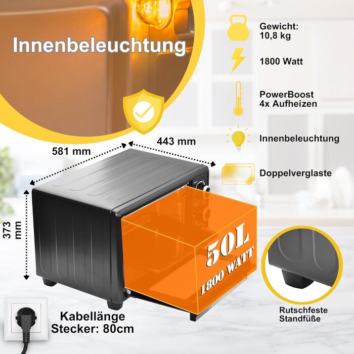 Міні-піч ICQN 50L з конвекцією, 1800 Вт, підсвічуванням, 5 функцій, таймер 60 хв, комплект форм для випічки