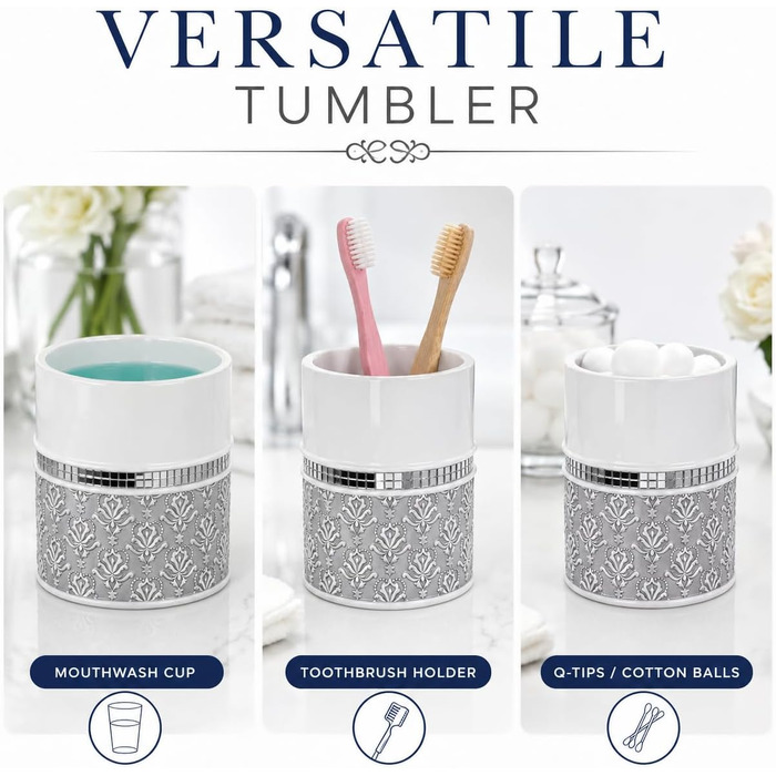 Набір аксесуарів для ванної кімнати Creative Scents Mirror Damask, 6 предметів (сірий та білий): дозатор мила, мильниця, стакан, тримач для зубних щіток, коробка для серветок, кошик для сміття