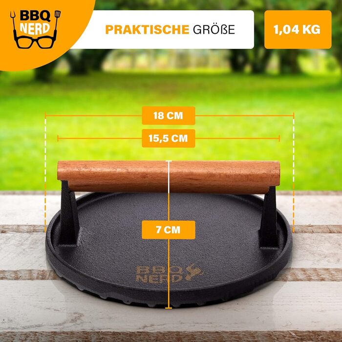 Пресс для м'яса з чавуну з дерев'яною ручкою, 18 см, круглий - Прес для бургерів, гриль-прес, вага для BBQ, м'яса, котлетів, бекону, сиру, сендвічів. Діаметр 18 см, чорний