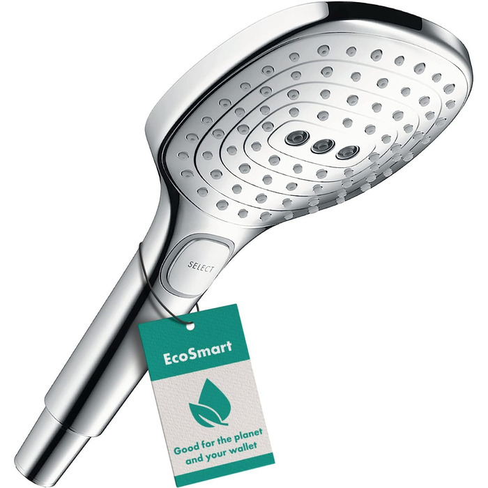 Hansgrohe Raindance Select E - water-saving showerhead 9 l/min (EcoSmart), handheld shower with 3 spray patterns, square shower head (120 x 120 mm), water-saving showerhead with anti-limescale function, Chrome, 26521000
