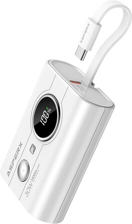 Power Bank AsperX 10000mAh з PD 30W, USB-C, білий. Швидка зарядка для iPhone 15/14, iPad. Компактний акумулятор