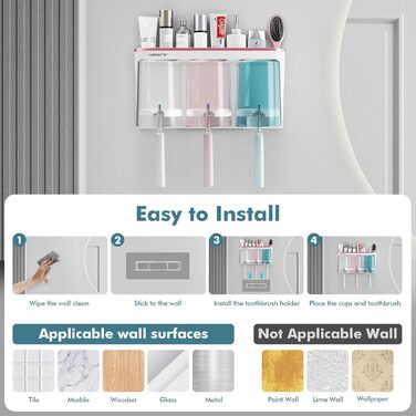 NPET Bathroom Toothbrush Holder, 3 Cups, Toothbrush Holder Set, Wall Mount, Ideal Bathroom Accessories Organization (3 Cups, Rose Gold)