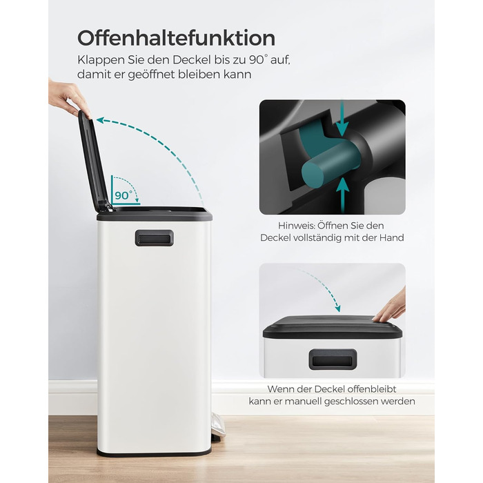 SONGMICS Відро для сміття кухонне, 40 літрів, з кришкою, з педаллю, Softclose, утримання кришки, біле LTB541E40