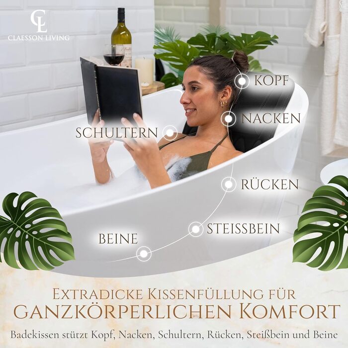 Bathtub Pillow Full Body Bath Pillow (125x43cm) - Bathtub Mat with Headrest Supports Neck, Back, and Legs - Includes Wash Bag and Travel Bag with Hanging Hooks for Quick Drying - White (Black)