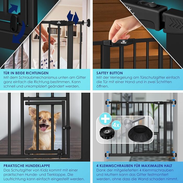 Захисне ворота KIDIZ для котів з люком, захист для дверей, ворота на сходи для дітей без свердління | Зупинка 90°, поворотні, білий колір, ширина (88-101 см)