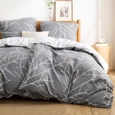 BEDSURE Комплект постільної білизни 135x200, бавовна, 4-х частинний, сірий/бежевий/помаранчевий. Комплект постільної білизни з ковдрою та двома наволочками 80x80 см, з принтом гілок, на блискавці, ÖKO-TEX, комплект постільної білизни