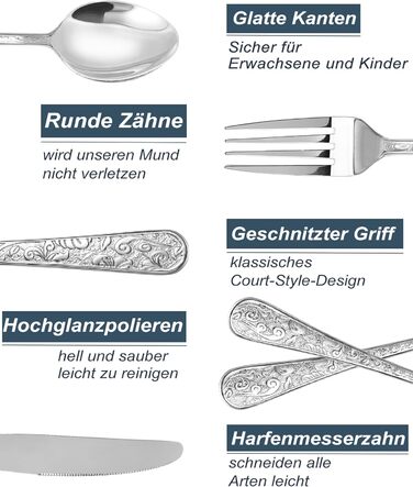 Набір столових приборів Vintage з різьбленням на 6 осіб, нержавіюча сталь, сріблястий (24 предмети) - ложки, виделки, ножі для дому та кухні, поліровані